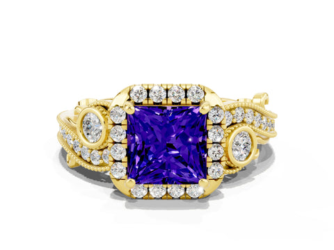 Yellow gold Princess Cut Tanzanite Halo Ring with Milgrain Pavé Band and Four-Prong Setting_12