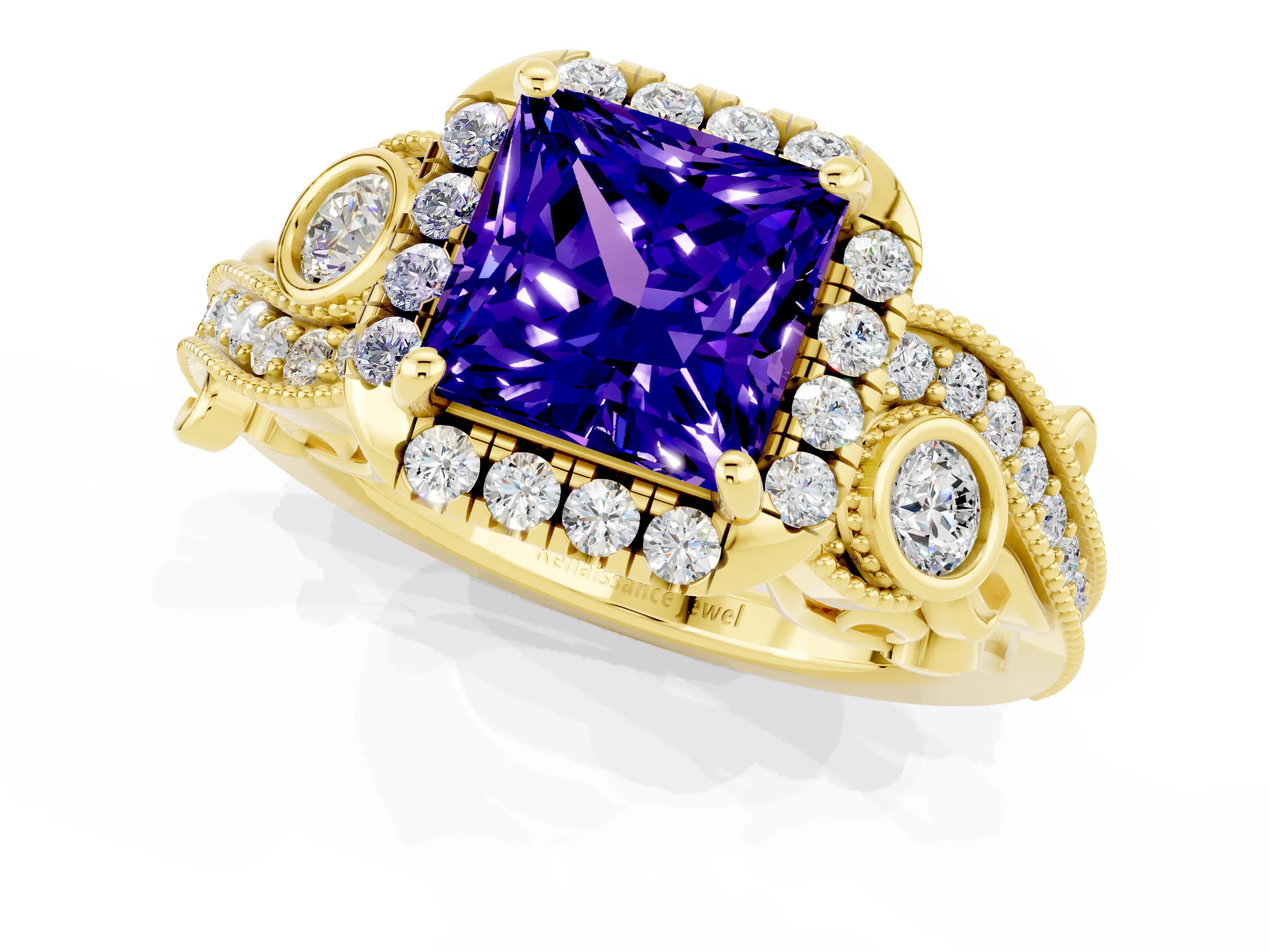 Yellow gold Princess Cut Tanzanite Halo Ring with Milgrain Pavé Band and Four-Prong Setting_13