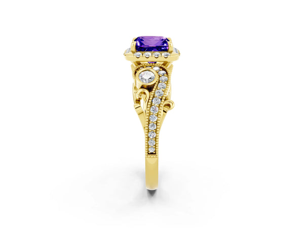 Yellow gold Princess Cut Tanzanite Halo Ring with Milgrain Pavé Band and Four-Prong Setting