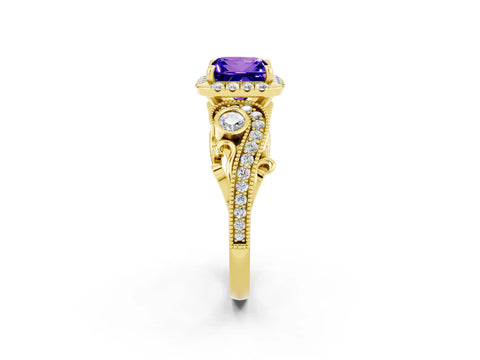 Yellow gold Princess Cut Tanzanite Halo Ring with Milgrain Pavé Band and Four-Prong Setting_14