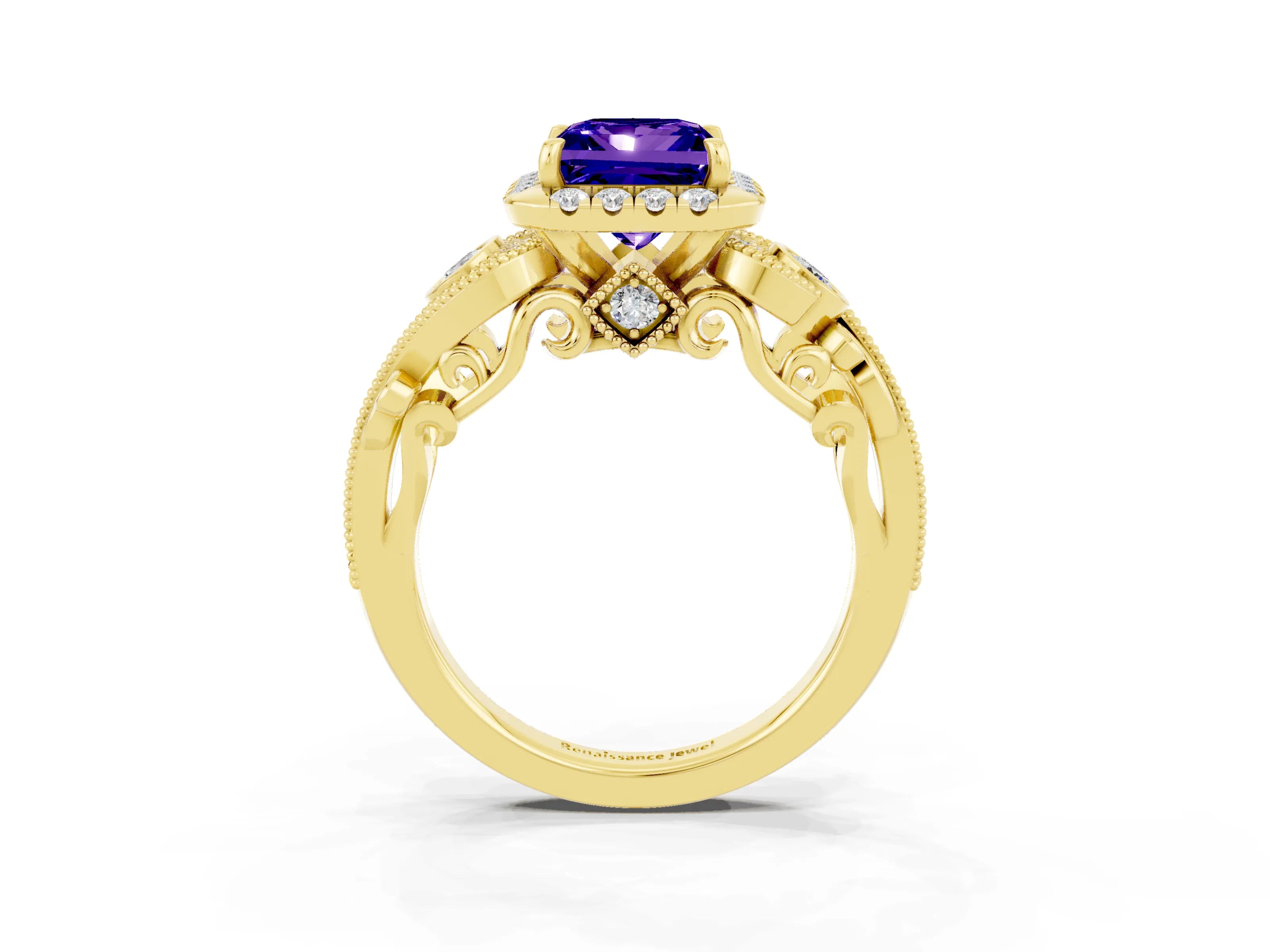 Yellow gold Princess Cut Tanzanite Halo Ring with Milgrain Pavé Band and Four-Prong Setting_15