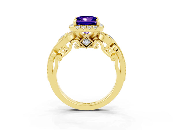 Yellow gold Princess Cut Tanzanite Halo Ring with Milgrain Pavé Band and Four-Prong Setting