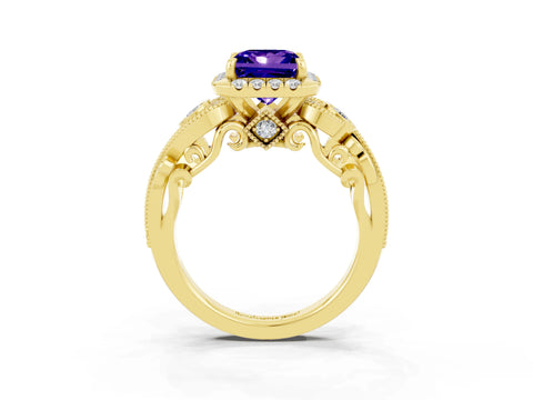 Yellow gold Princess Cut Tanzanite Halo Ring with Milgrain Pavé Band and Four-Prong Setting_15
