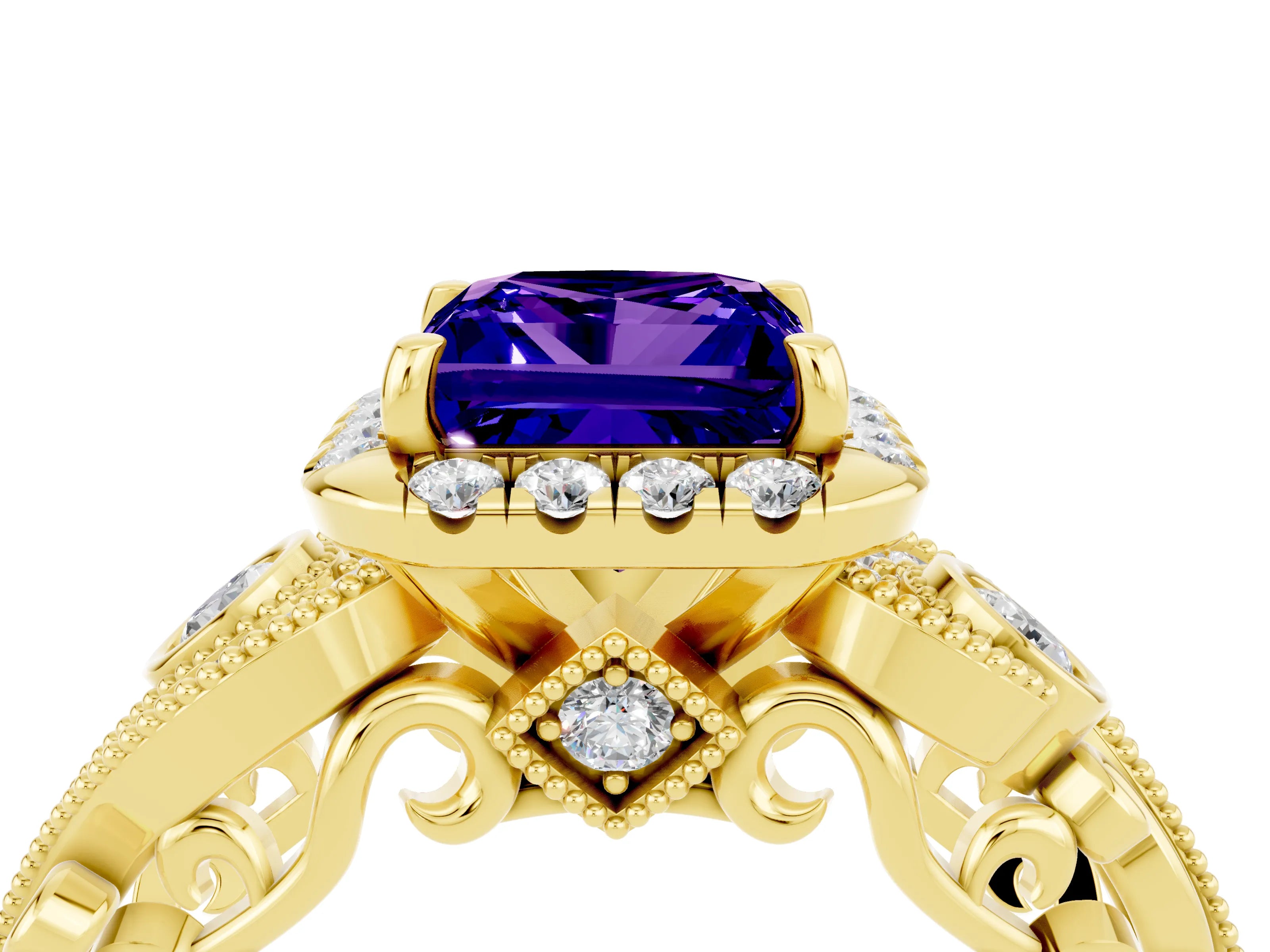 Yellow gold Princess Cut Tanzanite Halo Ring with Milgrain Pavé Band and Four-Prong Setting_16