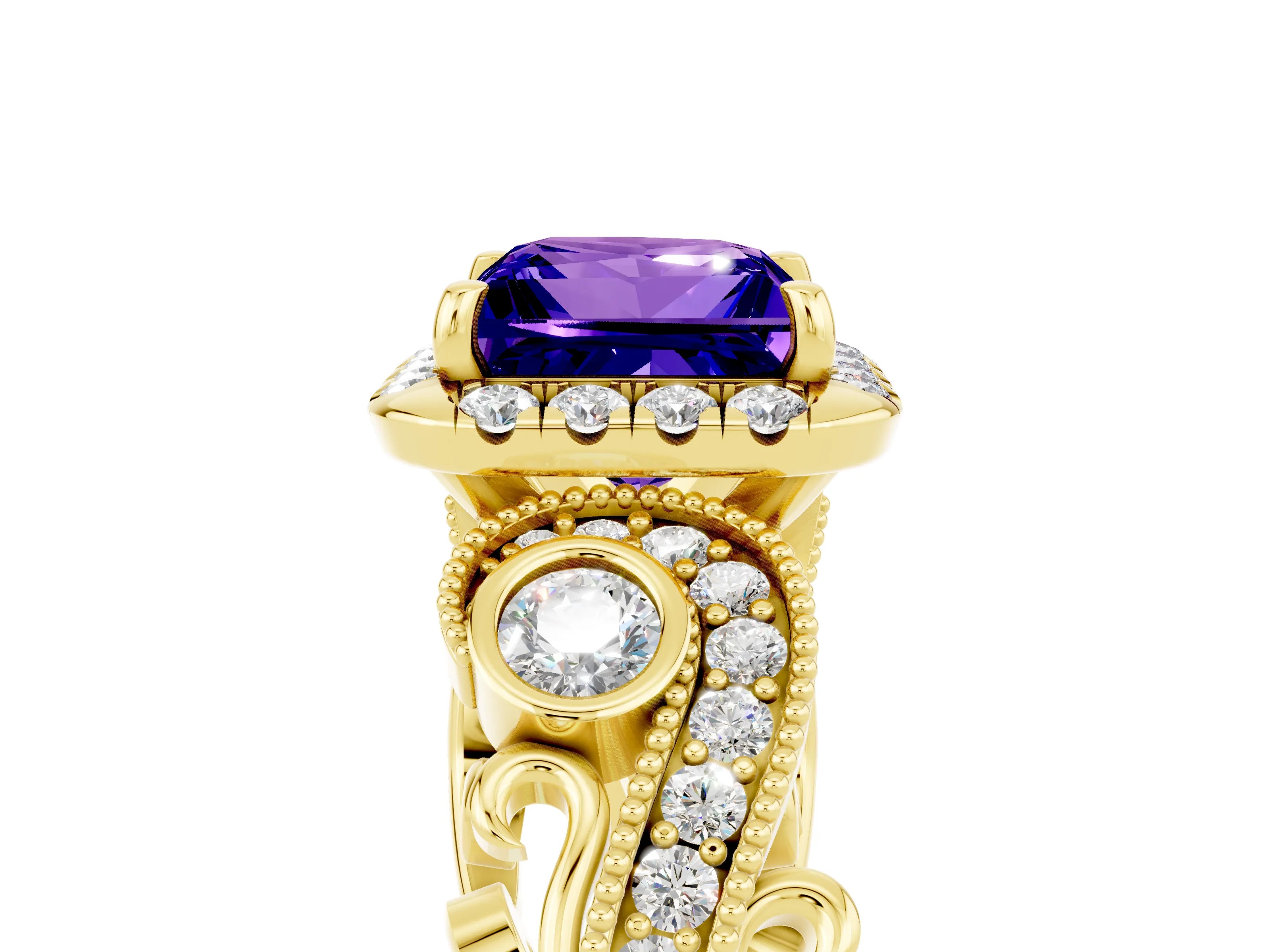 Yellow gold Princess Cut Tanzanite Halo Ring with Milgrain Pavé Band and Four-Prong Setting_17
