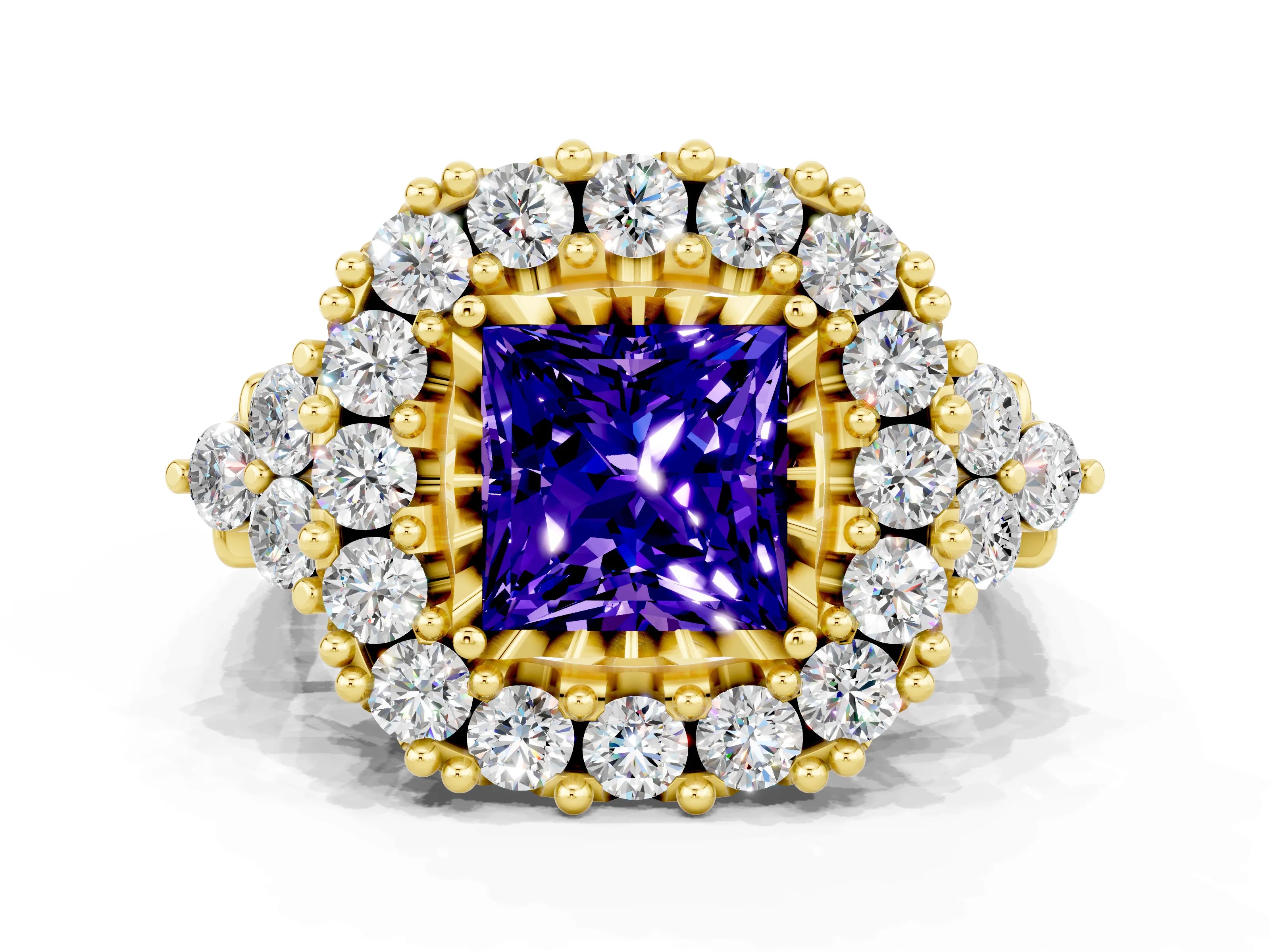 Yellow gold Princess Cut Tanzanite Halo Ring with Pavé Band and Four-Prong Setting_12