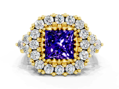 Yellow gold Princess Cut Tanzanite Halo Ring with Pavé Band and Four-Prong Setting_12