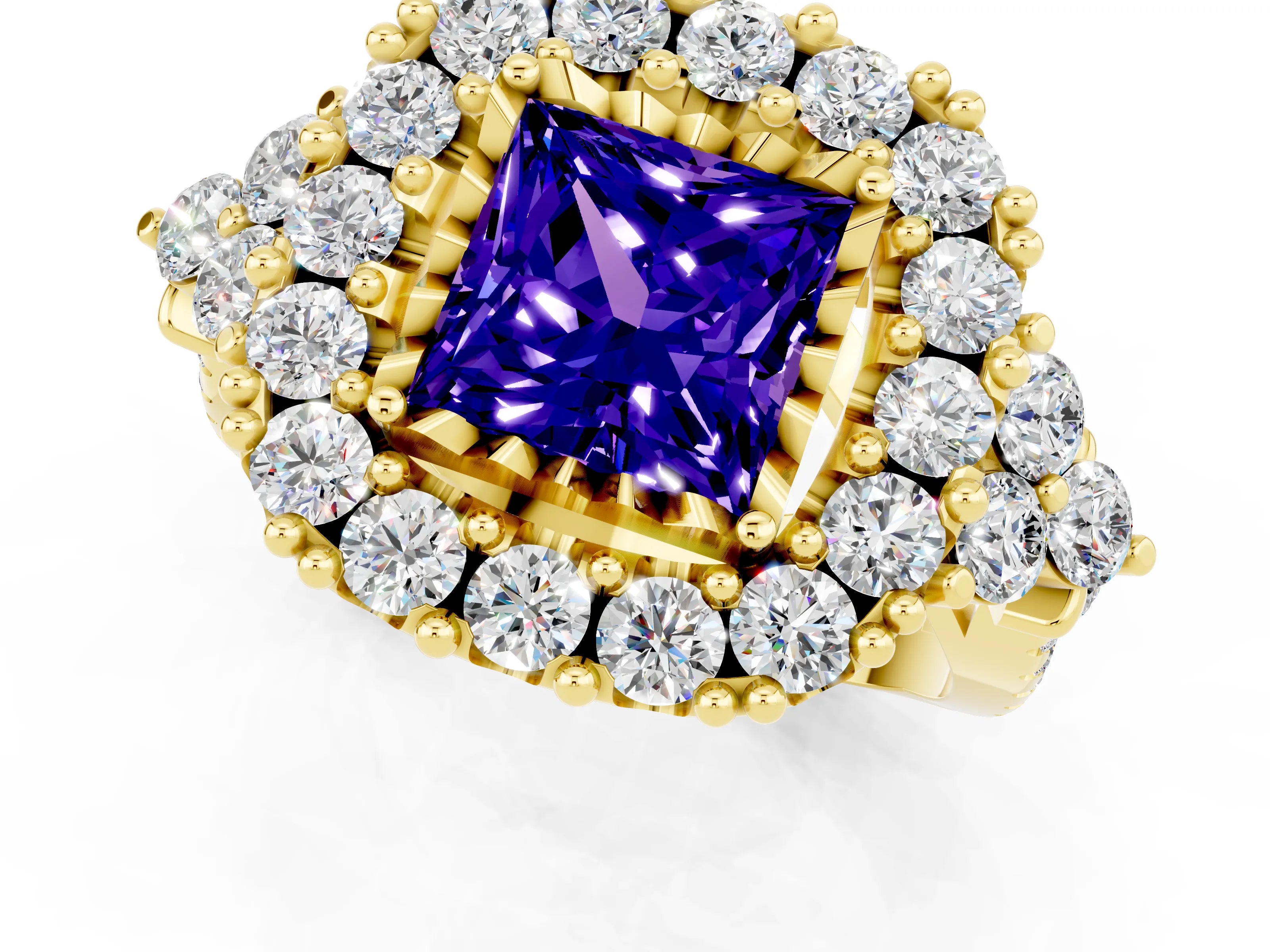 Yellow gold Princess Cut Tanzanite Halo Ring with Pavé Band and Four-Prong Setting_13