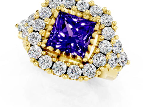 Yellow gold Princess Cut Tanzanite Halo Ring with Pavé Band and Four-Prong Setting_13