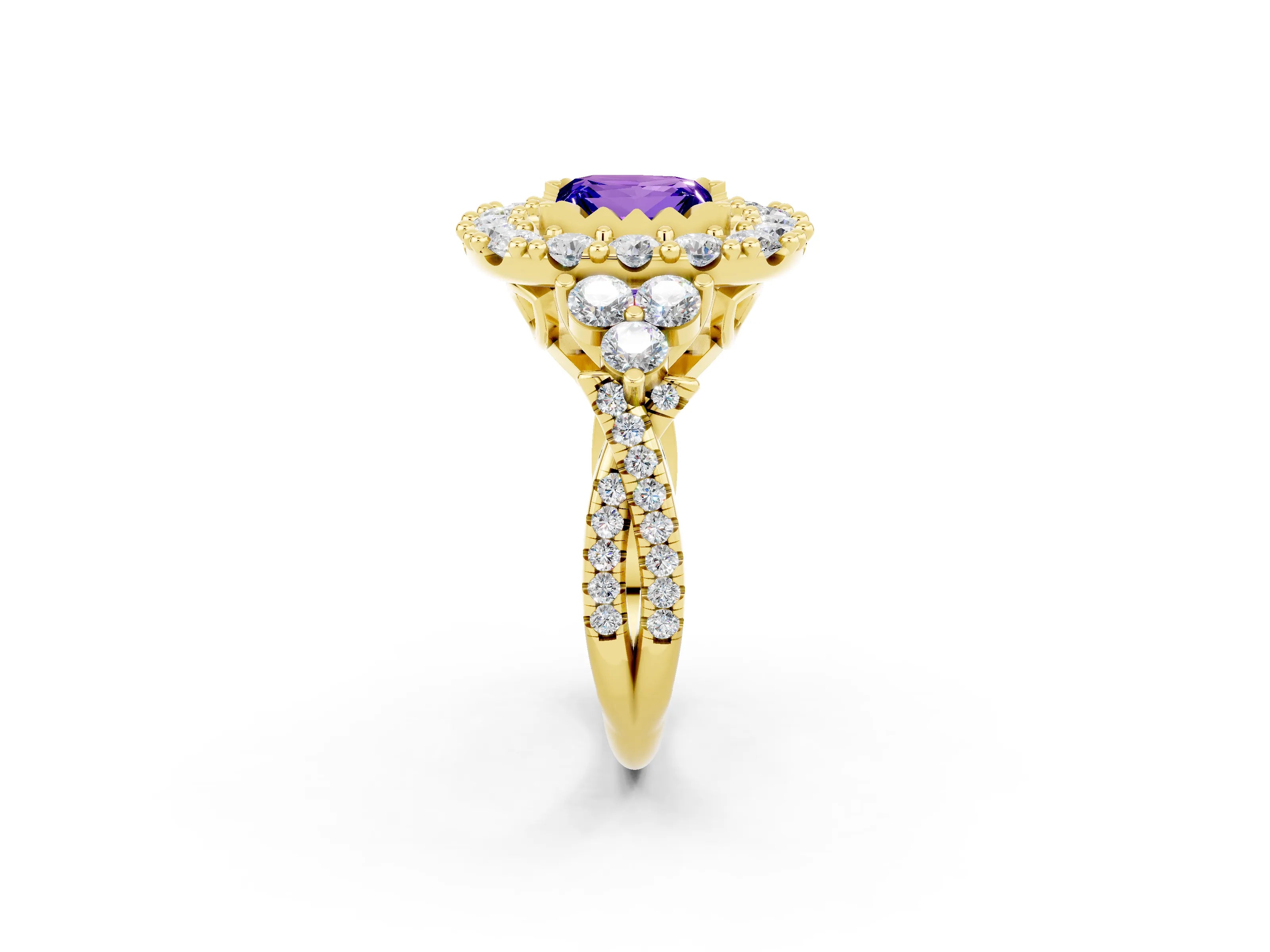 Yellow gold Princess Cut Tanzanite Halo Ring with Pavé Band and Four-Prong Setting_14