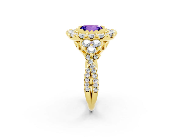 Yellow gold Princess Cut Tanzanite Halo Ring with Pavé Band and Four-Prong Setting