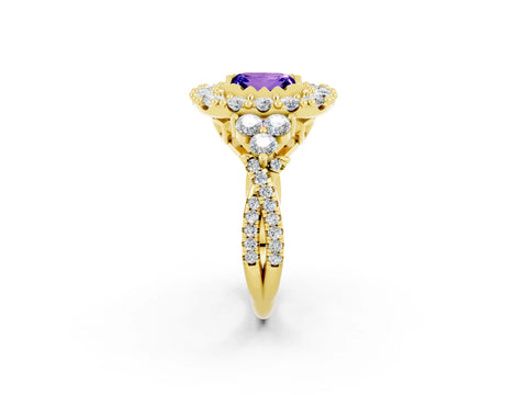 Yellow gold Princess Cut Tanzanite Halo Ring with Pavé Band and Four-Prong Setting_14