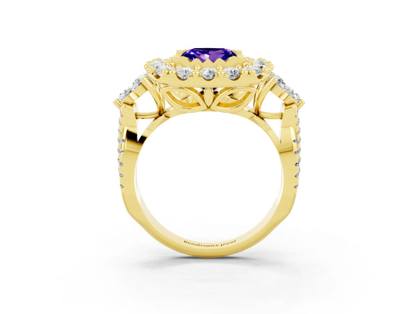 Yellow gold Princess Cut Tanzanite Halo Ring with Pavé Band and Four-Prong Setting