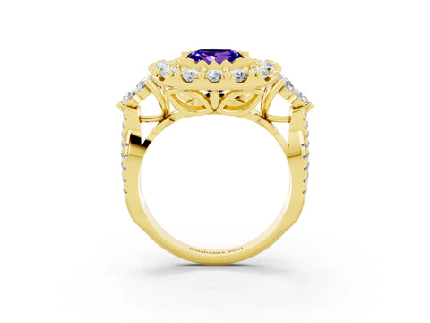 Yellow gold Princess Cut Tanzanite Halo Ring with Pavé Band and Four-Prong Setting_15