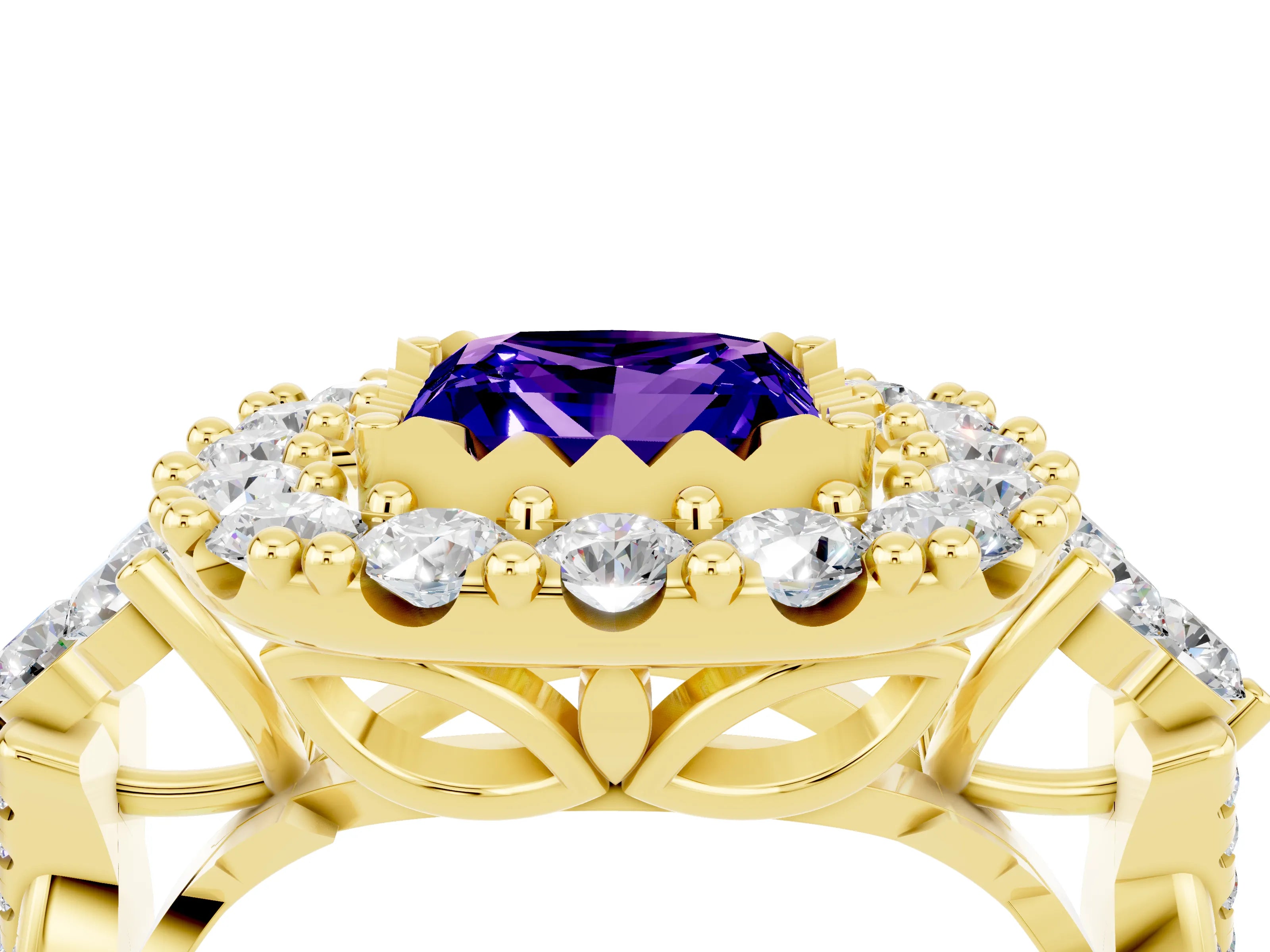 Yellow gold Princess Cut Tanzanite Halo Ring with Pavé Band and Four-Prong Setting_16