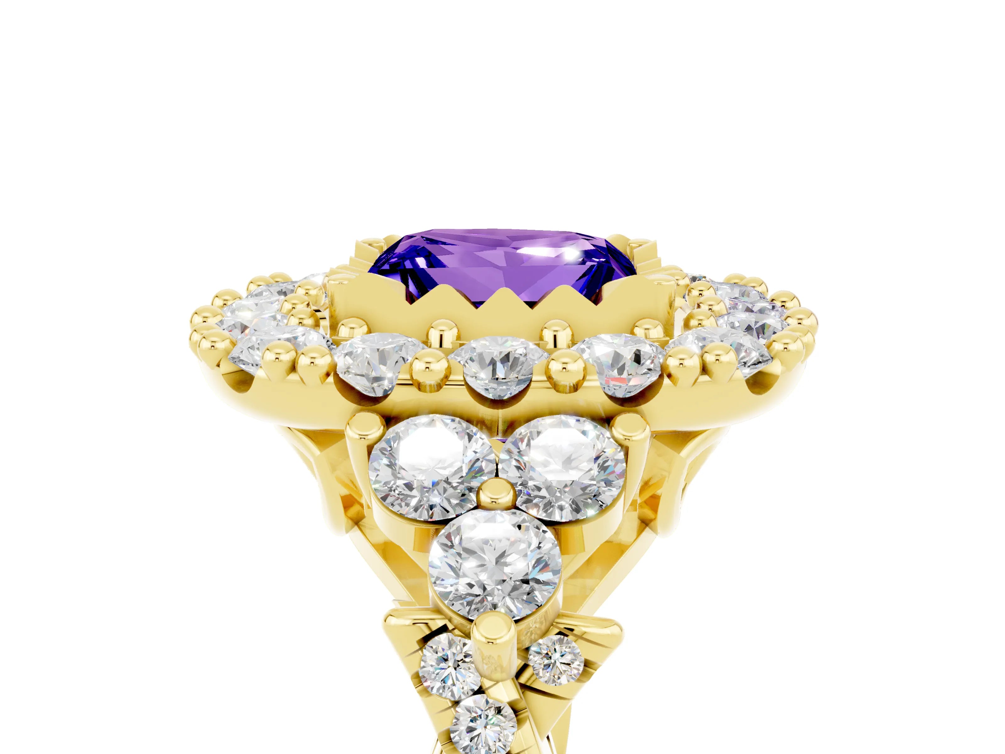 Yellow gold Princess Cut Tanzanite Halo Ring with Pavé Band and Four-Prong Setting_17