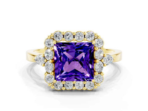 Yellow gold Princess Cut Tanzanite Halo Ring with Pear Side Stones and Prong Setting_12