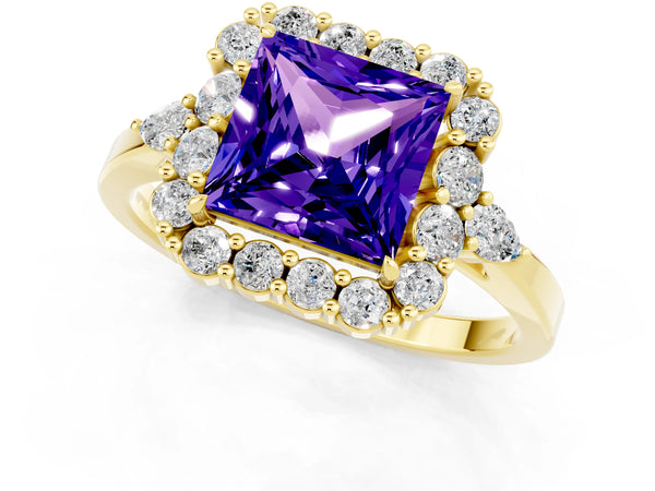 Yellow gold Princess Cut Tanzanite Halo Ring with Pear Side Stones and Prong Setting