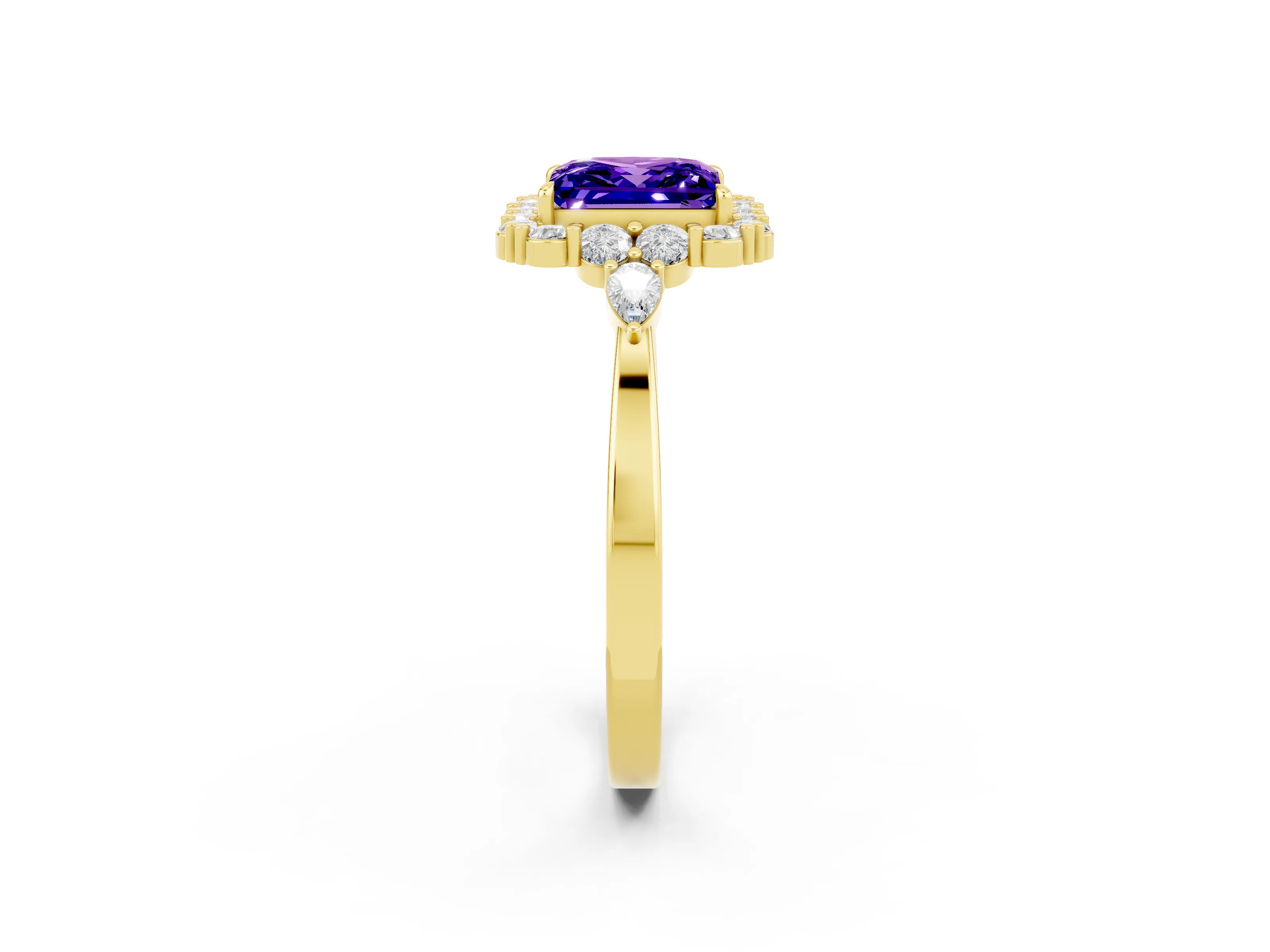 Yellow gold Princess Cut Tanzanite Halo Ring with Pear Side Stones and Prong Setting_14