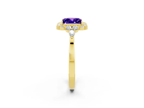 Yellow gold Princess Cut Tanzanite Halo Ring with Pear Side Stones and Prong Setting