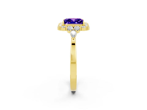 Yellow gold Princess Cut Tanzanite Halo Ring with Pear Side Stones and Prong Setting_14