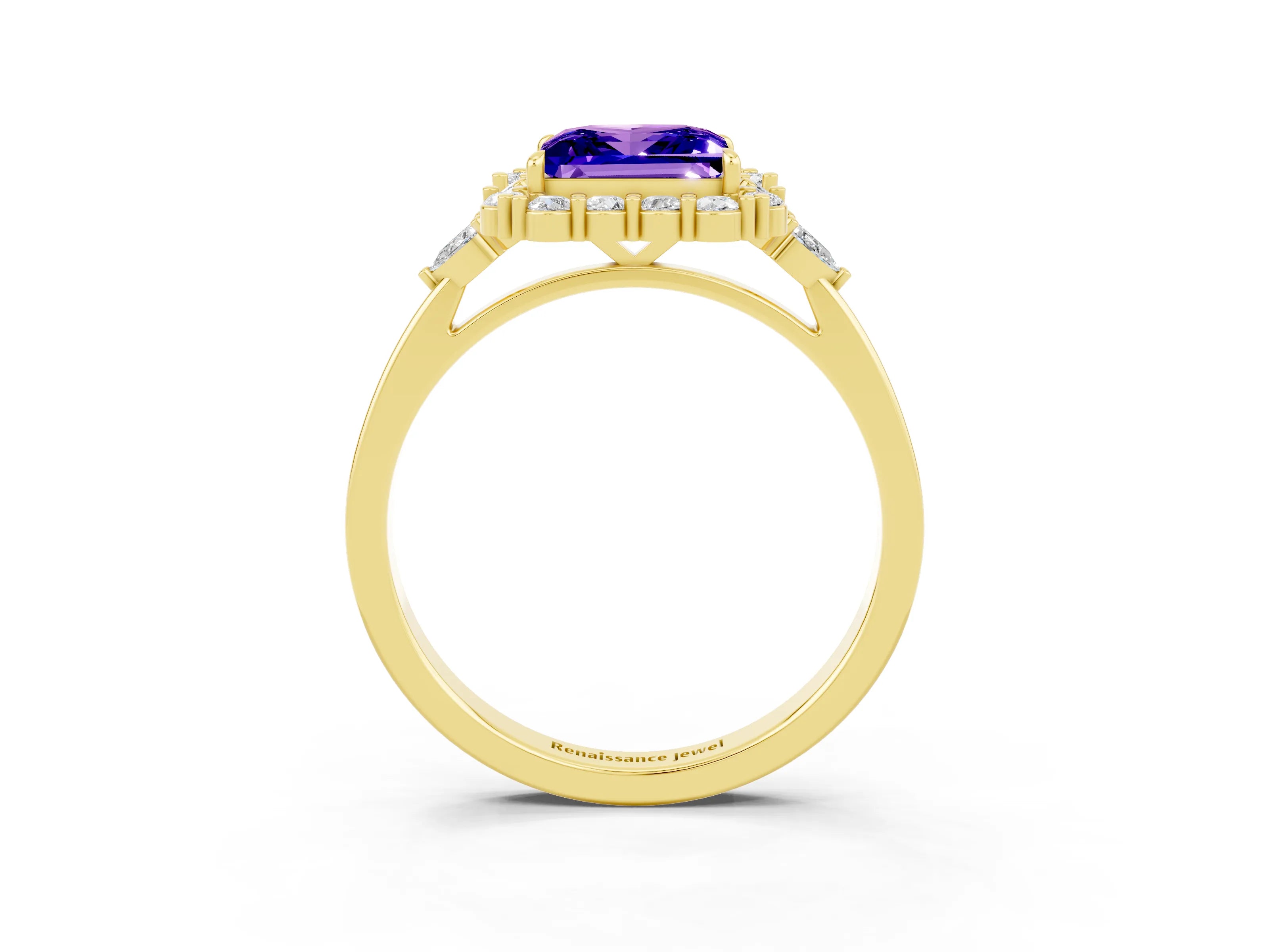 Yellow gold Princess Cut Tanzanite Halo Ring with Pear Side Stones and Prong Setting_15