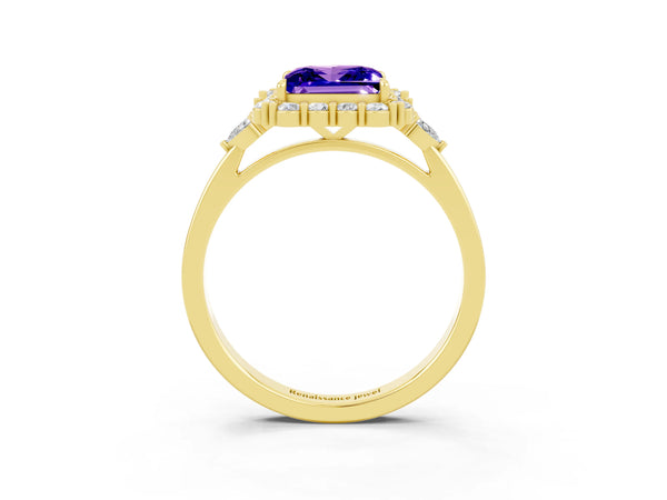Yellow gold Princess Cut Tanzanite Halo Ring with Pear Side Stones and Prong Setting