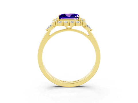 Yellow gold Princess Cut Tanzanite Halo Ring with Pear Side Stones and Prong Setting_15