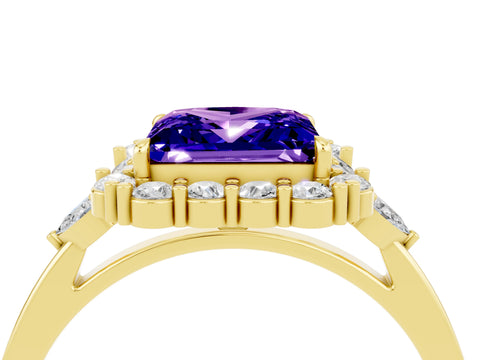 Yellow gold Princess Cut Tanzanite Halo Ring with Pear Side Stones and Prong Setting_16