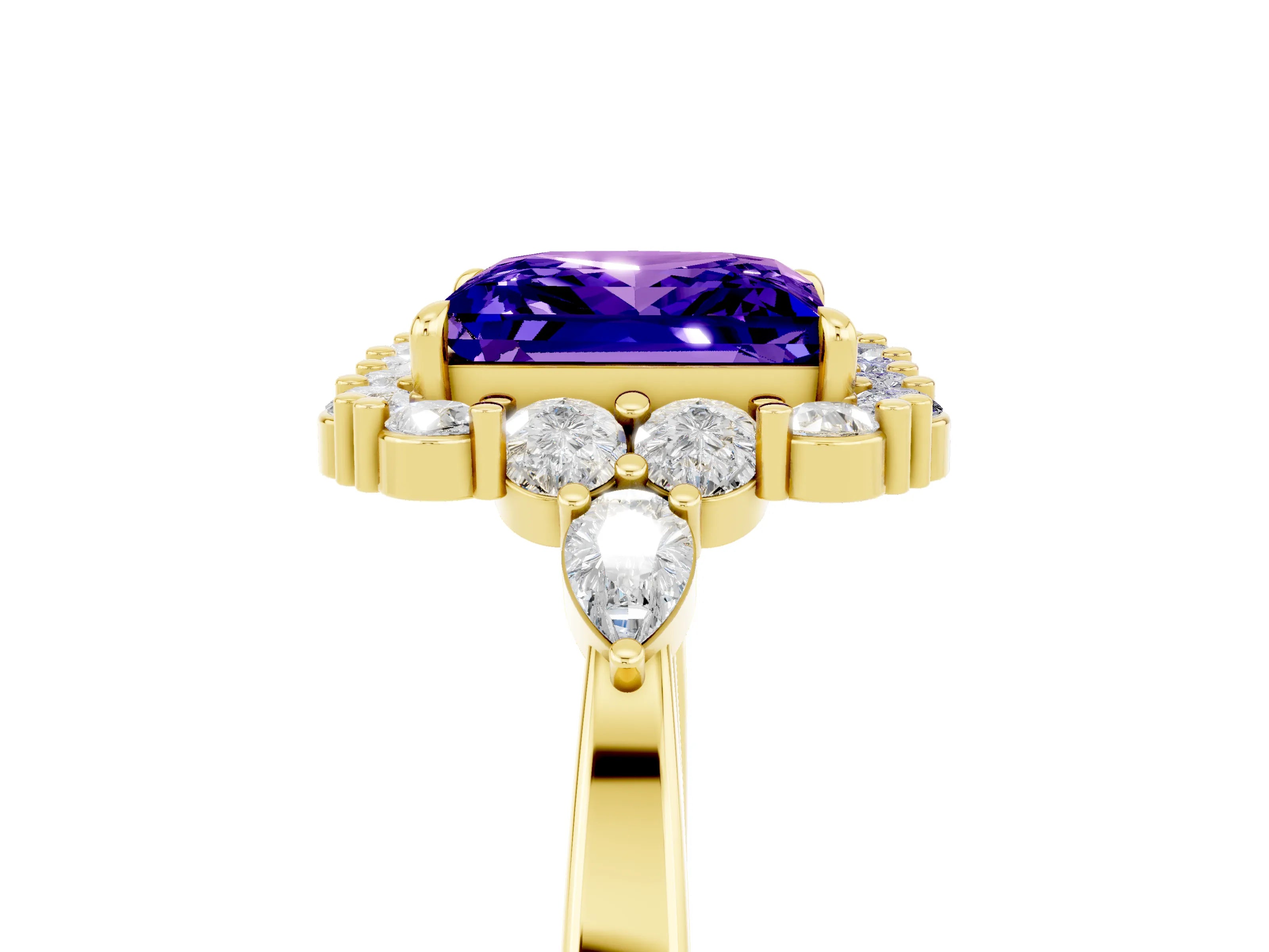 Yellow gold Princess Cut Tanzanite Halo Ring with Pear Side Stones and Prong Setting_17