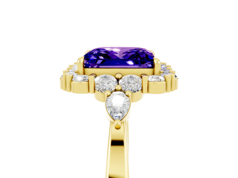 Yellow gold Princess Cut Tanzanite Halo Ring with Pear Side Stones and Prong Setting_17