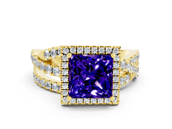 Yellow gold Princess Cut Tanzanite Halo Ring with Round Split Shank and Prong Setting