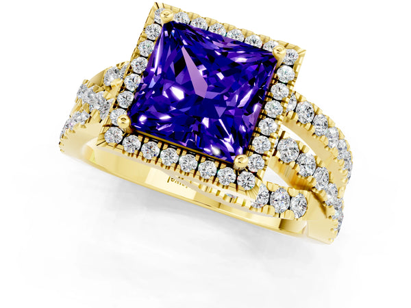 Yellow gold Princess Cut Tanzanite Halo Ring with Round Split Shank and Prong Setting