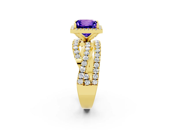 Yellow gold Princess Cut Tanzanite Halo Ring with Round Split Shank and Prong Setting