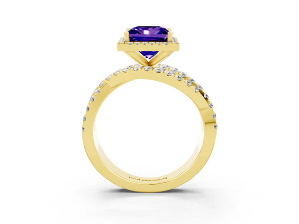 Yellow gold Princess Cut Tanzanite Halo Ring with Round Split Shank and Prong Setting