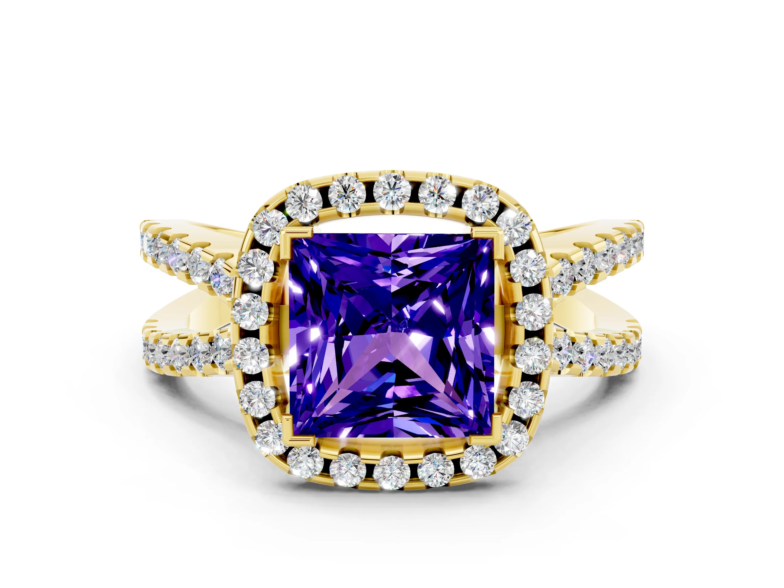 Yellow gold Princess Cut Tanzanite Halo Ring with Split Shank Pavé Band and Prong Setting