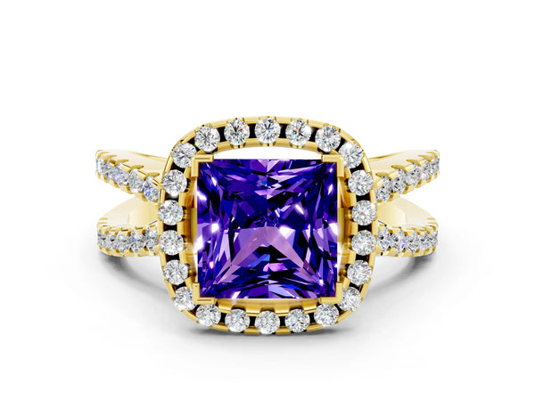Yellow gold Princess Cut Tanzanite Halo Ring with Split Shank Pavé Band and Prong Setting