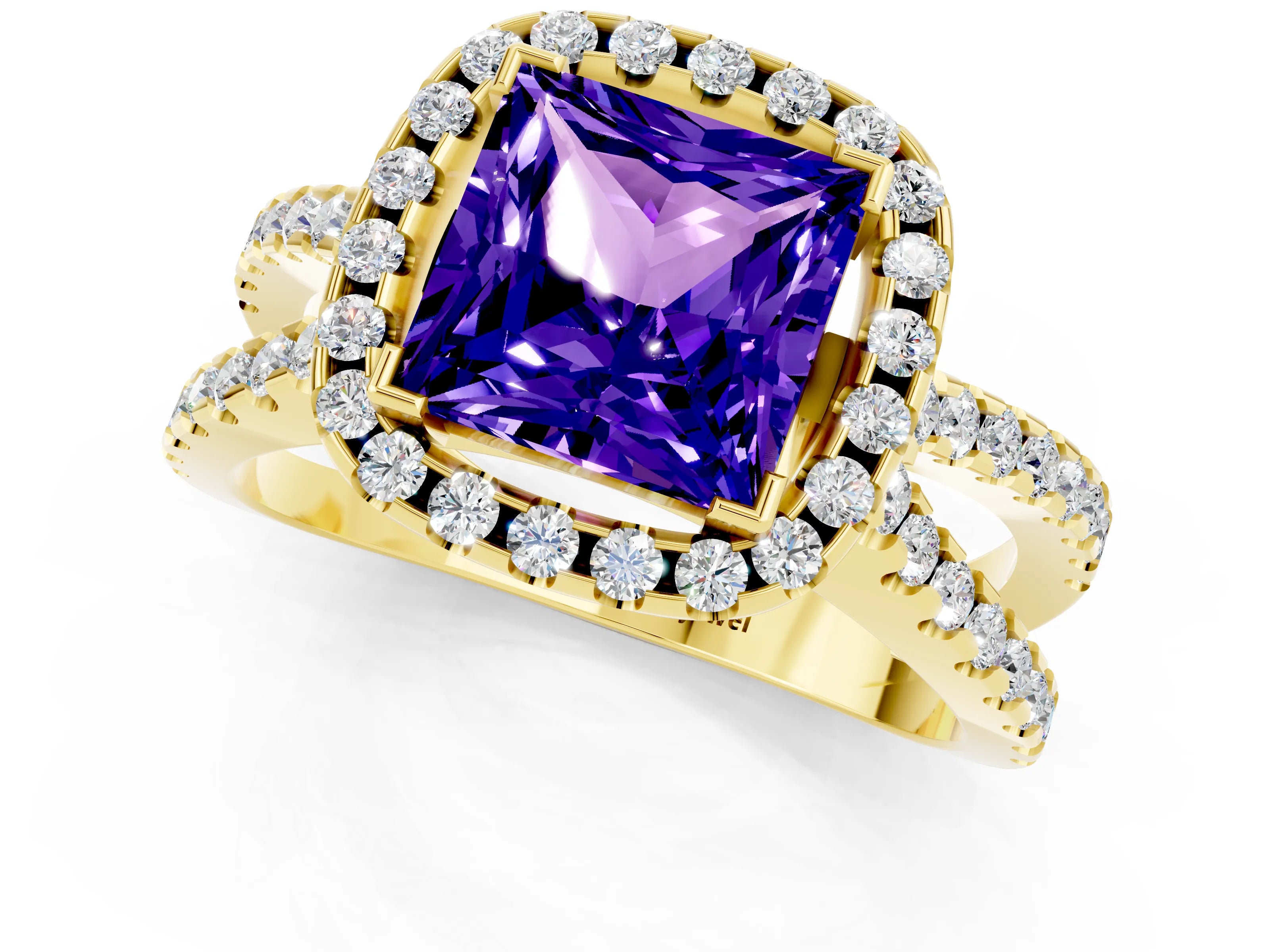 Yellow gold Princess Cut Tanzanite Halo Ring with Split Shank Pavé Band and Prong Setting_1