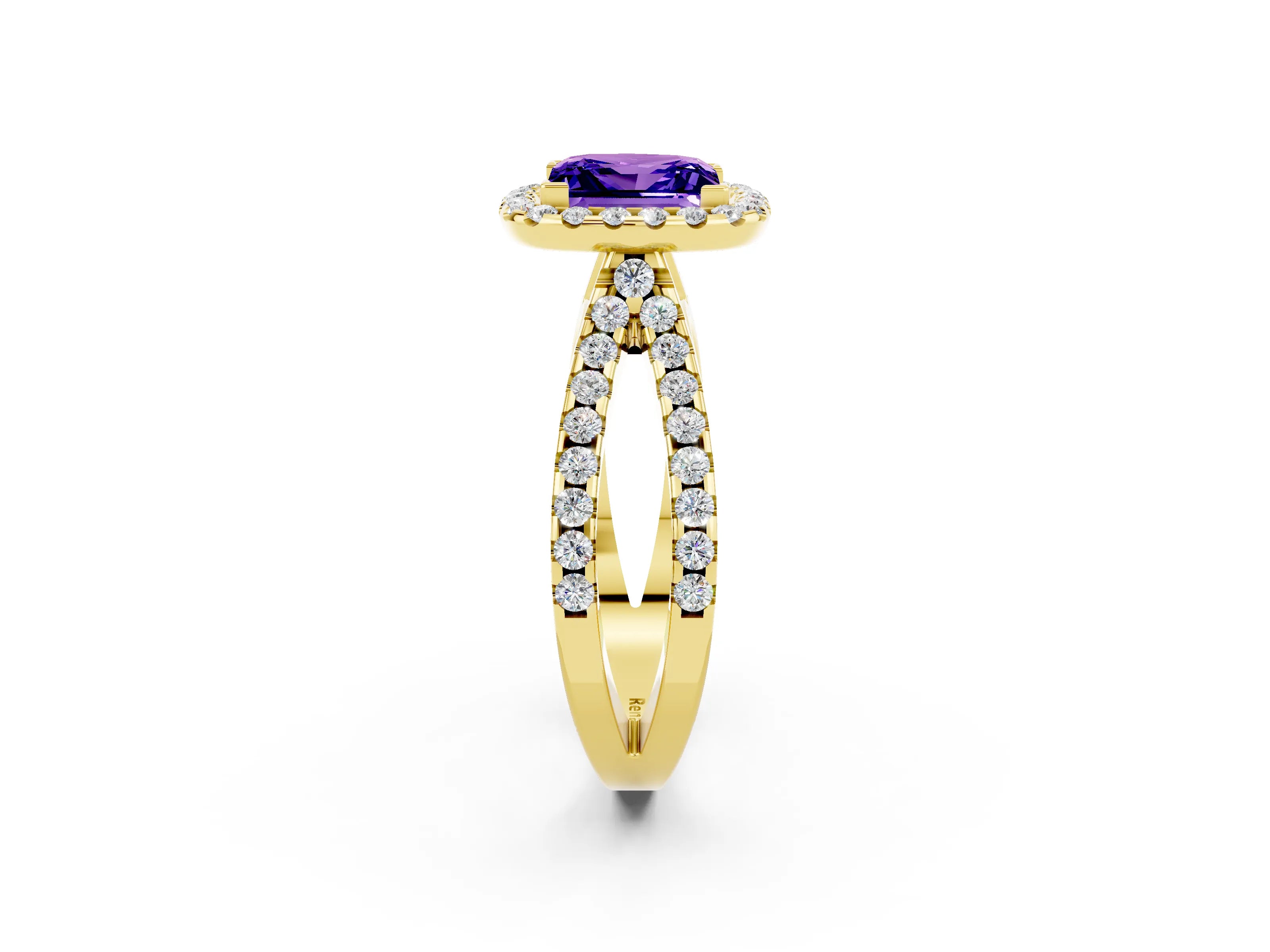 Yellow gold Princess Cut Tanzanite Halo Ring with Split Shank Pavé Band and Prong Setting_2
