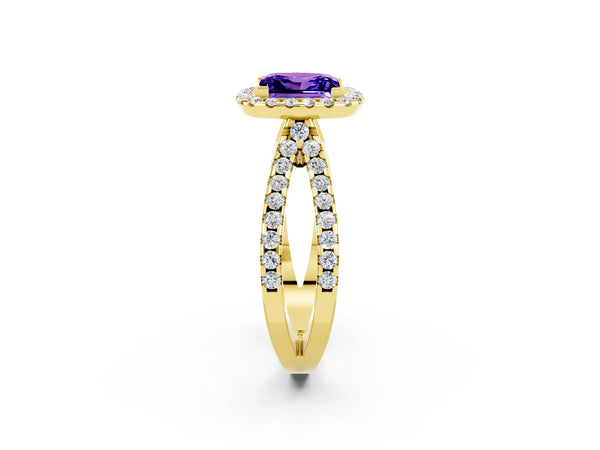 Yellow gold Princess Cut Tanzanite Halo Ring with Split Shank Pavé Band and Prong Setting