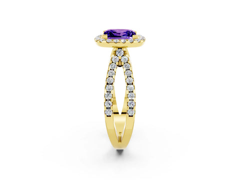 Yellow gold Princess Cut Tanzanite Halo Ring with Split Shank Pavé Band and Prong Setting_2