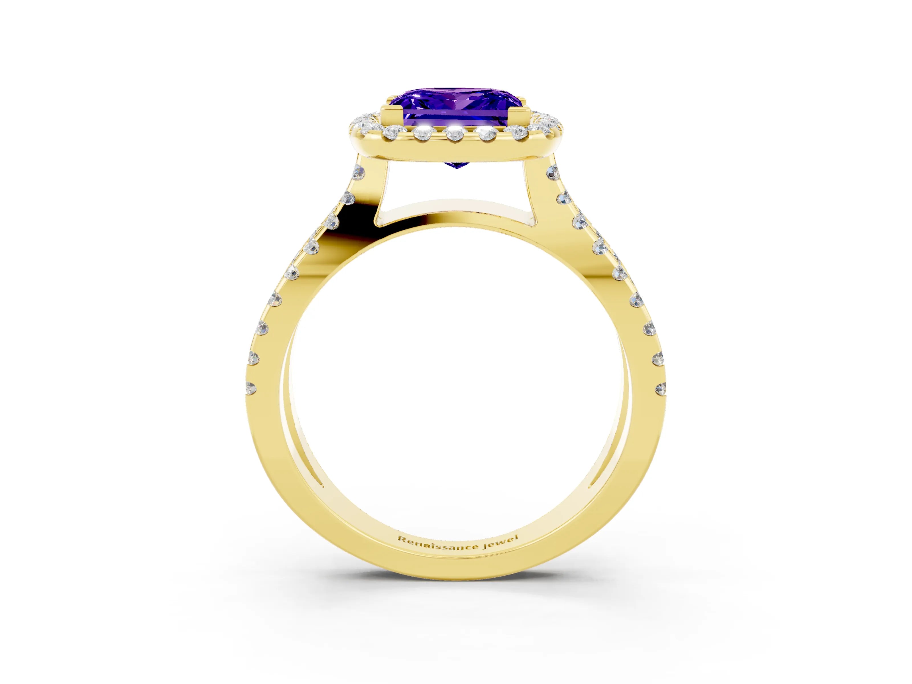 Yellow gold Princess Cut Tanzanite Halo Ring with Split Shank Pavé Band and Prong Setting_3