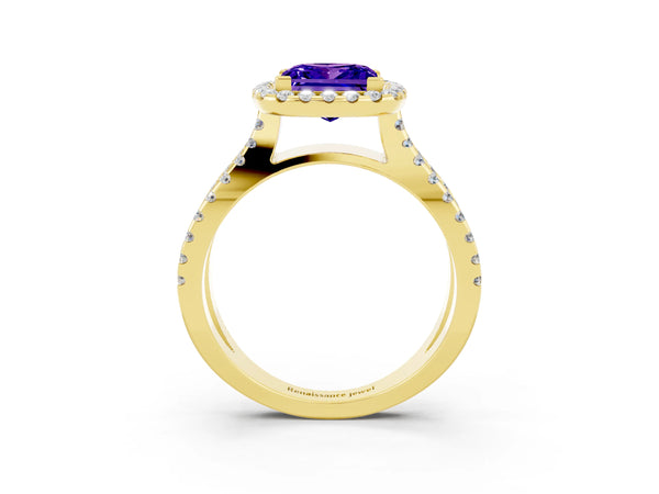 Yellow gold Princess Cut Tanzanite Halo Ring with Split Shank Pavé Band and Prong Setting