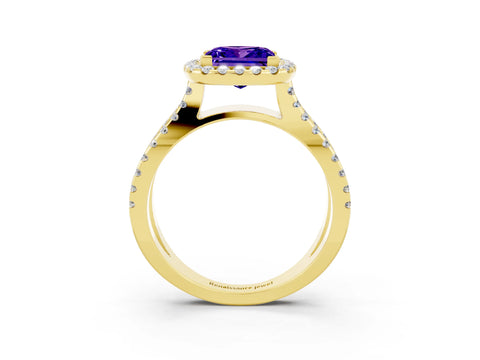Yellow gold Princess Cut Tanzanite Halo Ring with Split Shank Pavé Band and Prong Setting_3