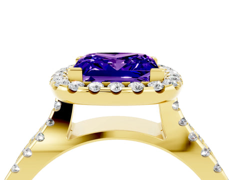 Yellow gold Princess Cut Tanzanite Halo Ring with Split Shank Pavé Band and Prong Setting_4