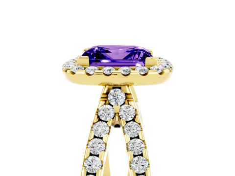 Yellow gold Princess Cut Tanzanite Halo Ring with Split Shank Pavé Band and Prong Setting_5