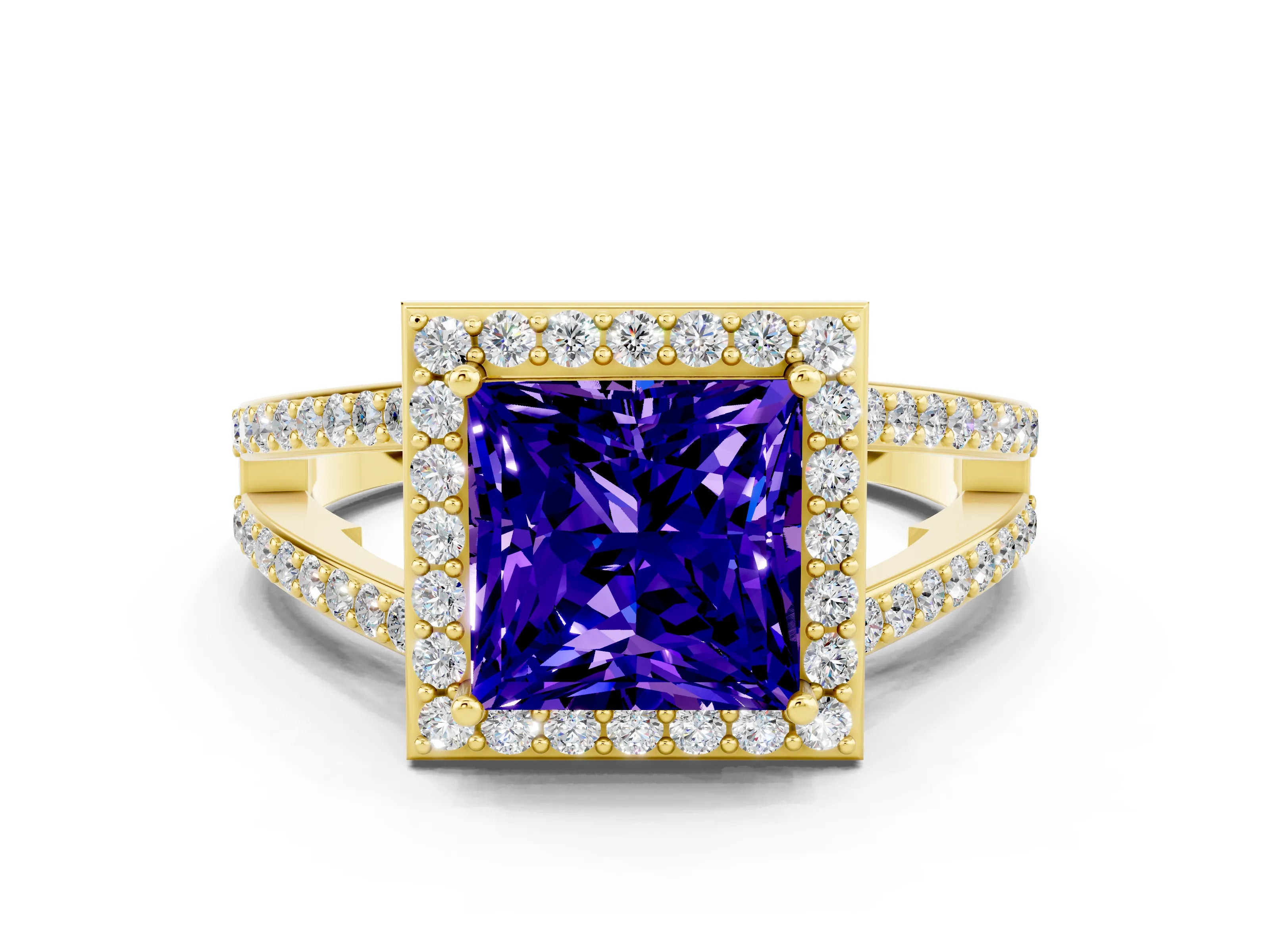 Yellow gold Princess Cut Tanzanite Halo Ring with Split Shank U-Prong Band and Four-Prong Setting