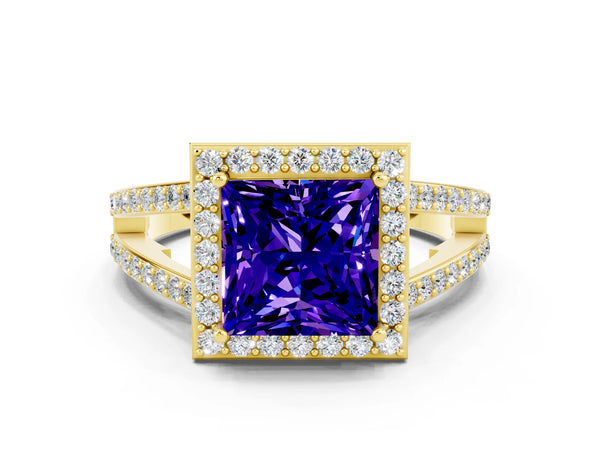 Yellow gold Princess Cut Tanzanite Halo Ring with Split Shank U-Prong Band and Four-Prong Setting