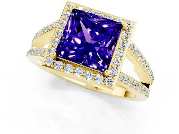 Yellow gold Princess Cut Tanzanite Halo Ring with Split Shank U-Prong Band and Four-Prong Setting