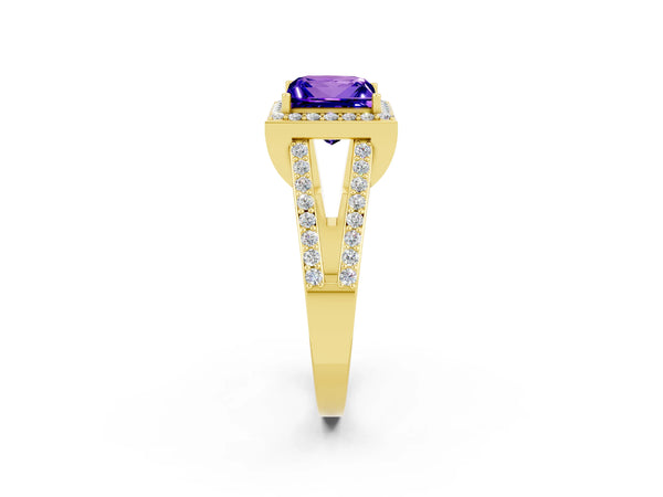Yellow gold Princess Cut Tanzanite Halo Ring with Split Shank U-Prong Band and Four-Prong Setting